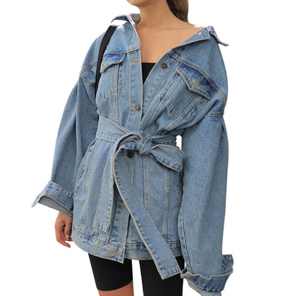

fashion single-breast oversized jeans jacket coat women autumn&winter denim belt lapel loose bandage outwear 2021 women's jackets, Black;brown