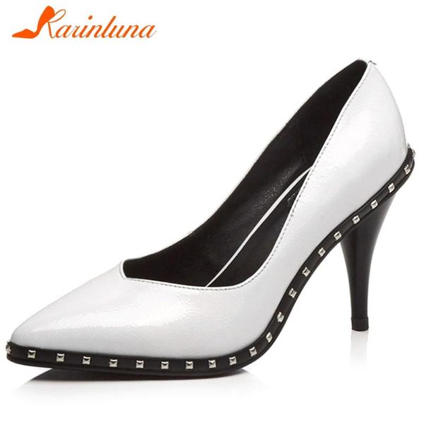 

dress shoes karin genuine leather spring girl solid office pumps pointed toe rivet high heels slip on women, Black