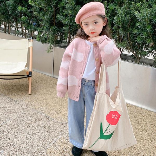 

pullover girl korean cloud sweater coat kid autumn winter long sleeve knitted jacket causal o-neck cardigan ropa de invierno mujer, Blue