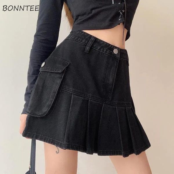 

skirts women folds denim mini kawaii streetwear korean style chic casual a-line vintage fashionable harajuku sweet girls, Black