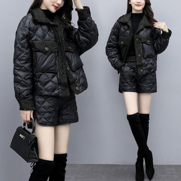 

women's tracksuits 2021 women autumn winter fashion two piece sets female short down cotton jackets + high waist shorts ladies suits e8, Gray