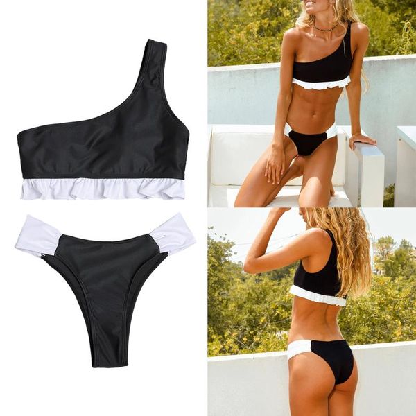 

one-piece suits color block one shoulder ruffle swimwear women 2pcs beach bathing padded bikini swimming bottoms swimsuit