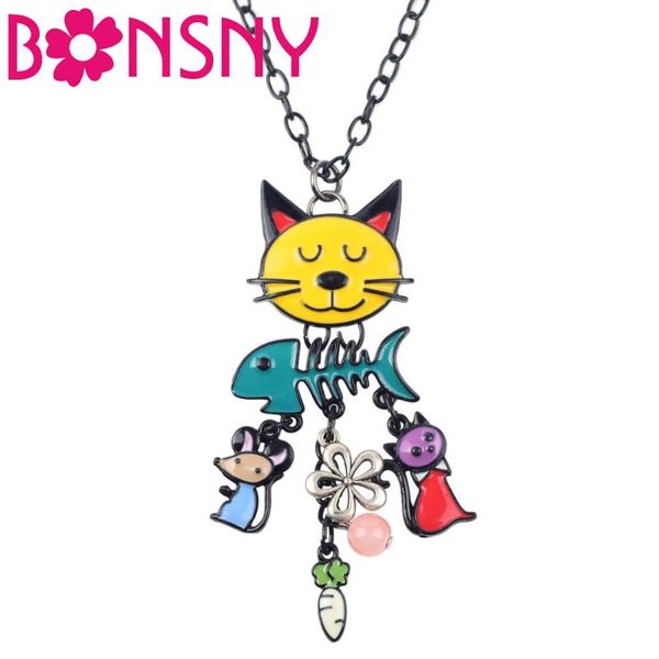 

bonnsy long chain 2021 colorful french cat necklace enamel pendant fish alloy charm brand jewelry for women girl animal necklaces, Silver