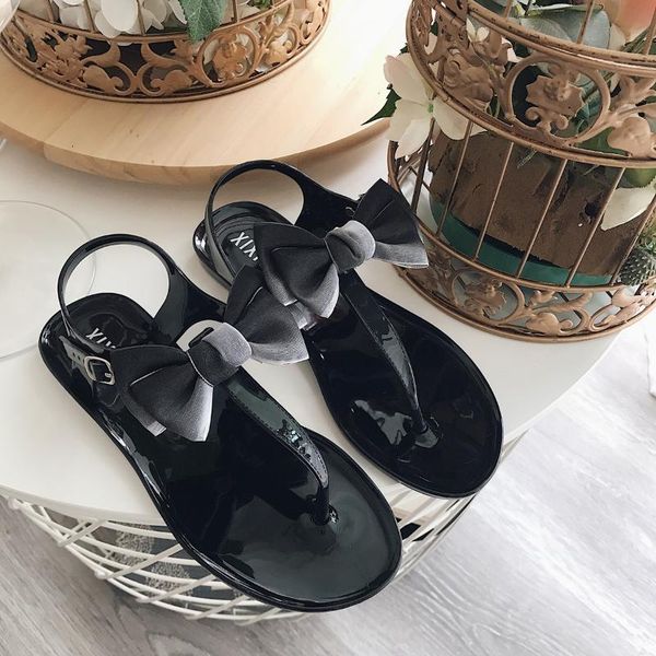 

sandals female summer flat women's shoes gradient color bow toe roman beach students pinch women hpak, Black