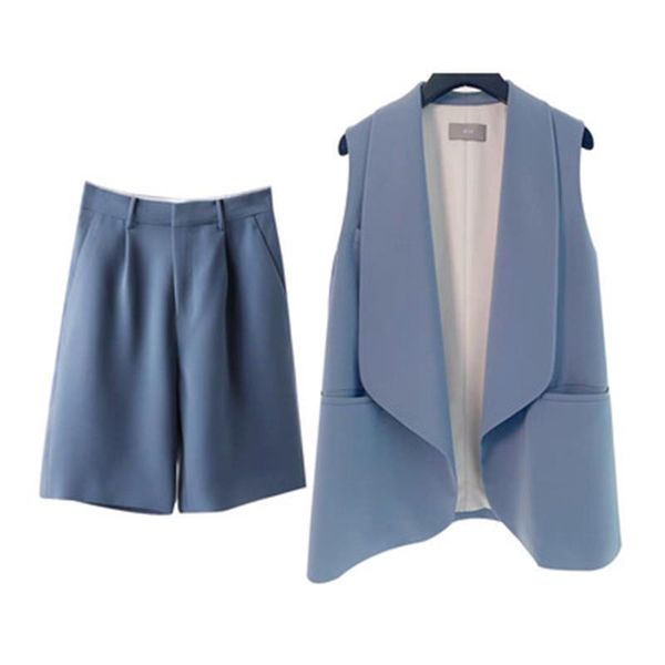 

women's tracksuits leisure loose two-piece set women autumn elegant french shorts sleeveless cardigan vest suit, Gray