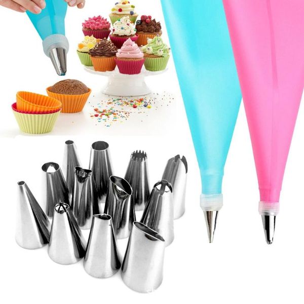 

baking & pastry tools 14 pcs/set kitchen accessories icing piping cream bag + 12 stainless steel nozzle set diy cake decorating tips