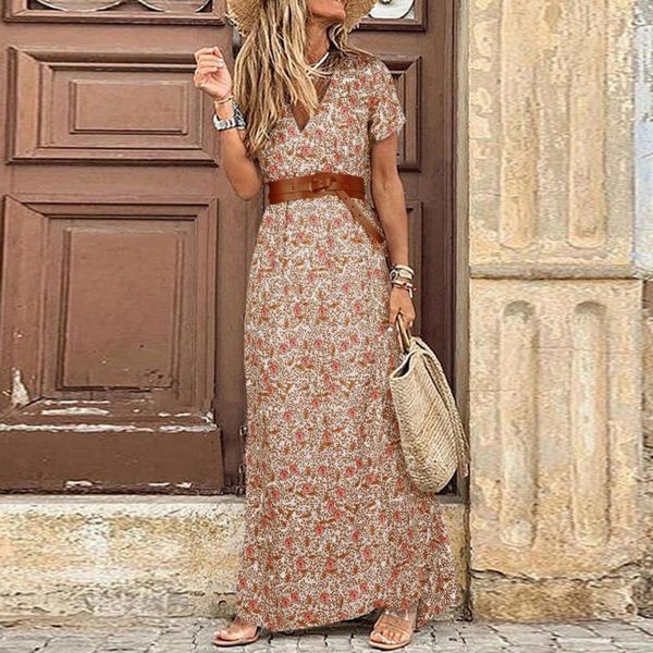 

women's swimwear fashion boho dress long women casual v neck short sleeve retro print belt hem beach dresses elegant sundress robe femm, White;black