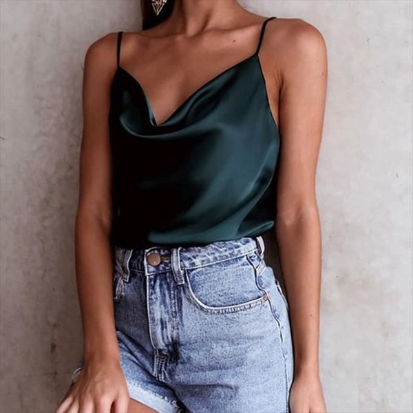 

summer style vest womens cami all match solid color sleeveless satin suspender imitation silk chiffon shirt, White