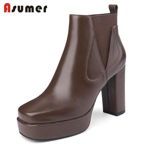

boots asumer 2022 arrive high heels platform shoes women ankle genuine leather square toe vintage, Black