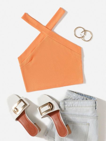 

rib knit halter crop z6ng#, White