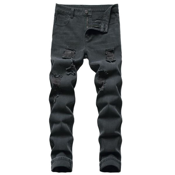 

men's jeans denim black trendy brand pants casual trend hole ruined long, Blue