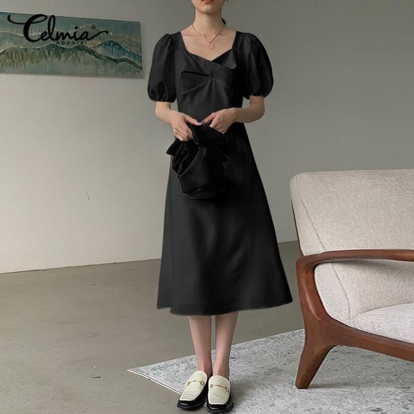 

party dresses women stylish maxi dress celmia elegant sweet casual solid vestidos korean short puff sleeve knotted square collar waisted rob, White;black