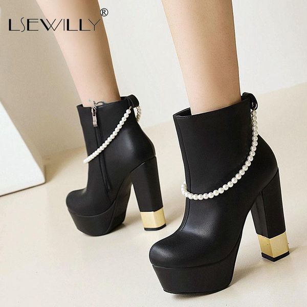 

boots lsewilly arrival women shoes autumn winter warm ankle chunky high heels round toe black dress office lady