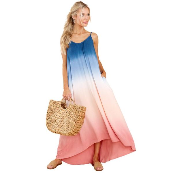 

casual dresses 2021 summer gradual backless dress with sling beach sweet for women floor-length loose sleeveless v-neck, Black;gray