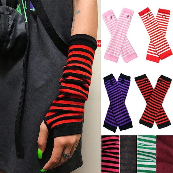 

five fingers gloves long fingerless arm cover striped cotton wrist sleeves warmer sleeve knitted womens, Blue;gray