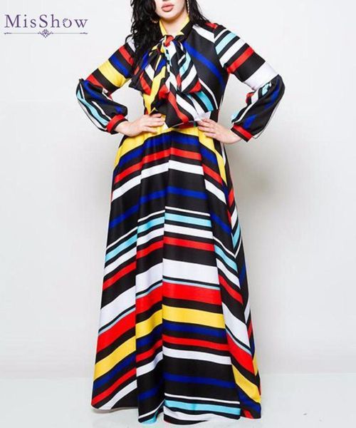 

casual dresses misshow plus size women striped maxi dress with bow 2021 spring lantern sleeve color blocked loose robe female, Black;gray