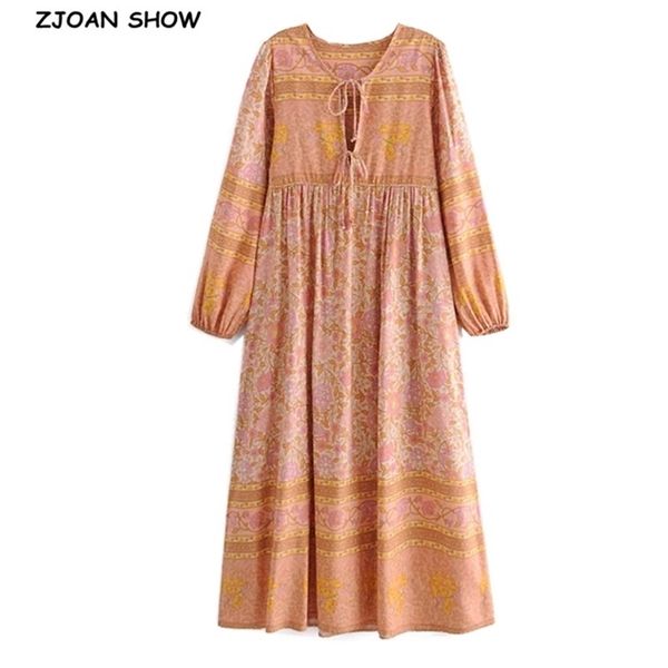

bohemia bandage lacing up collar orange floral print dress boho woman hit color long sleeve maxi holiday dresses 210429, Black;gray