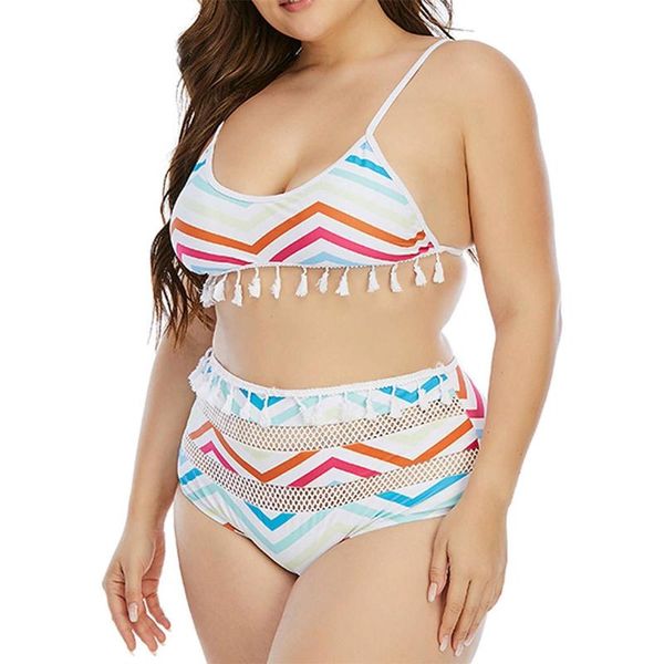 

women plus size 2pcs bikini set rainbow wavy striped tassels mesh beach swimsuit xx9d one-piece suits
