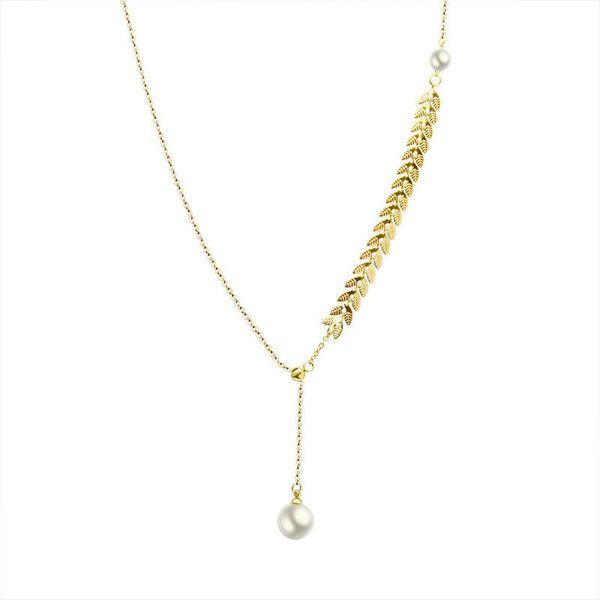 

pendant necklaces stainless steel pearl necklace for women wheat ears chain metal clavicle gold color adjustable, Silver