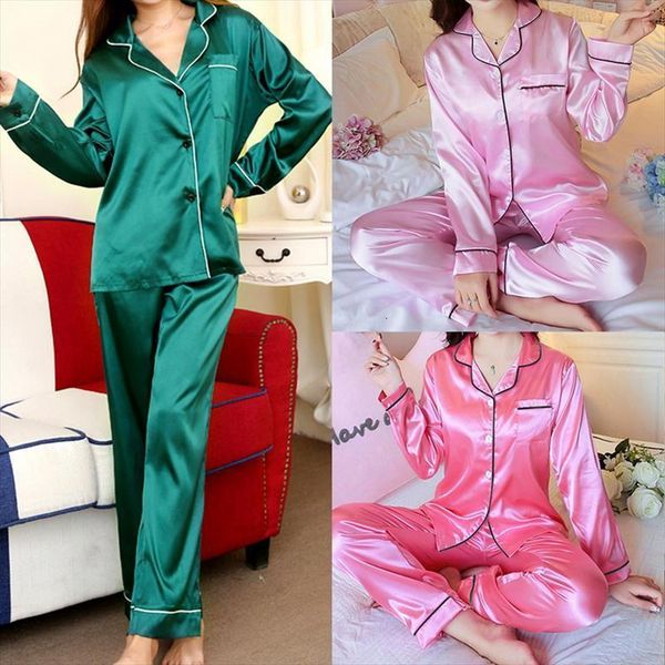 

satin pajamas sets two womens sleepwears piece faker silk smooth homewear long sleeve female nightwear autumn, Black;red