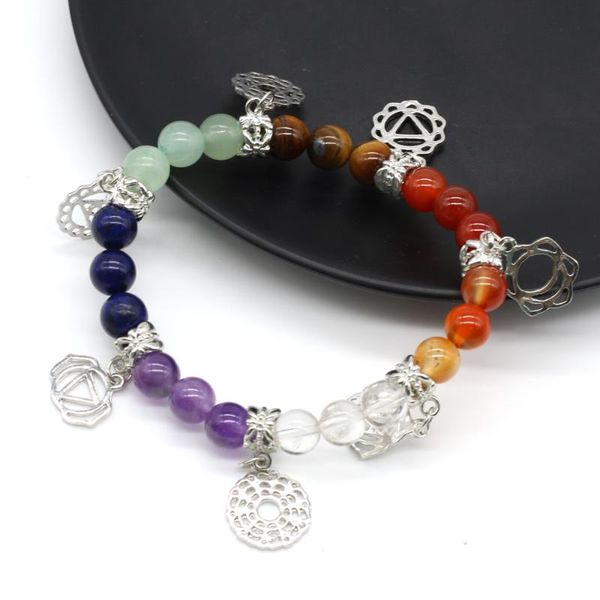 

bangle natural stone bracelet seven chakras colorful rose quartzs amethysts beaded for women jewerly gift size 8mm length 18cm, Black