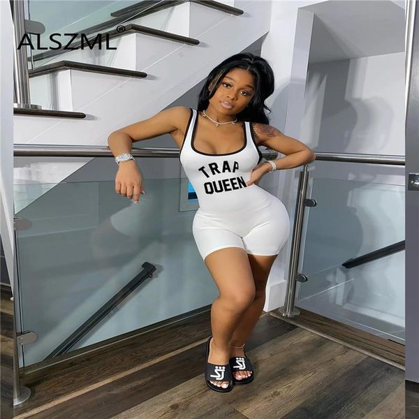 

women's jumpsuits & rompers letter print women skinny short jumpsuit 2021 casual female vest sleeve bodycon playsuit 6 color overalls, Black;white