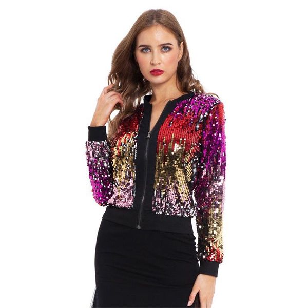 

women's jackets autumn color sequined short jacket streetwear ladies casual female coat, Black;brown