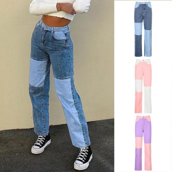

women large size fashion casual vintage high waist jeans matching color block straight-leg slim pants denim #wby women's, Blue