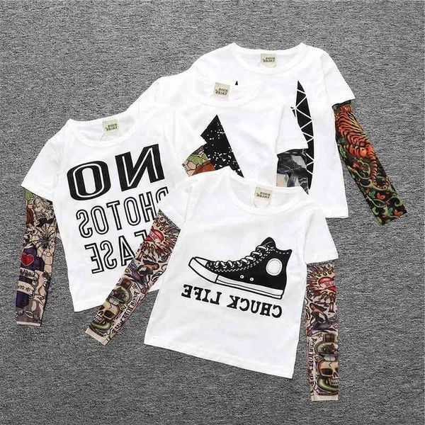 

2021 autumn new ins children's long sleeve stitching tattoo t-shirt