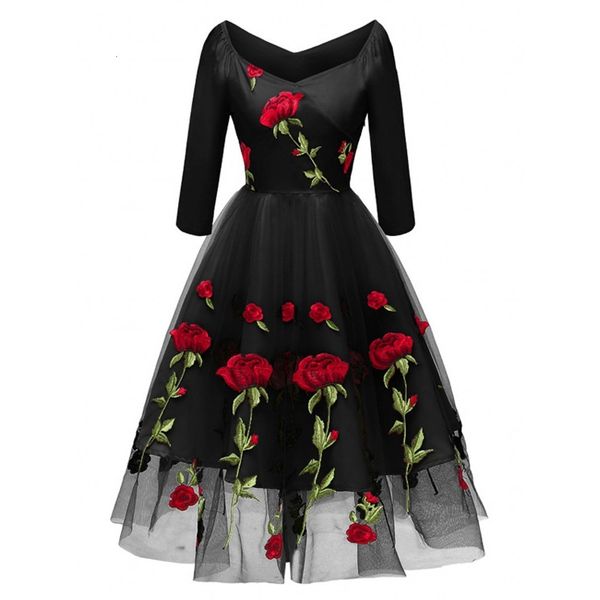 

dresses vintage rose embroidery lace v-neck 3/4 sleeves wrap high waist big swing dress elegant retro black mesh party vestido, Black;gray