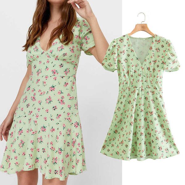 

klkxmyt za dress women fashion floral print summer woman short sleeve v neck casual female mini es 210527, Black;gray