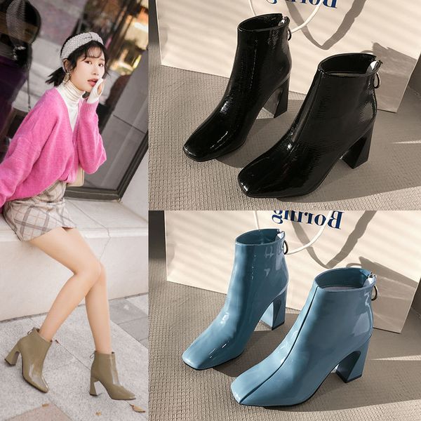 

patent leather women short bootsfemale ankle botaswinter shoessquare toeeuropea styleback zipbluewhiteblackdropship, Black