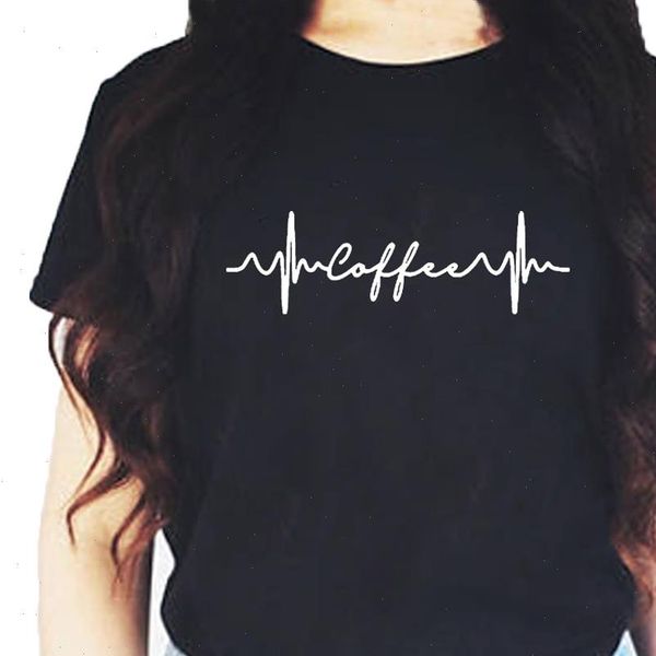 

heartbeat coffee womens t shirts graphic tee women short sleeve o neck cotton shirt black white loose femme top