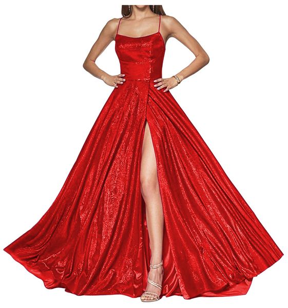 Sparkle Red Sclected Prom Платья выпускного вечера Линия блестящие Формальные вечерние платья для женщин Спагетти Ремни сторона Высокое Сплит Долгое время Особые случаи 2022