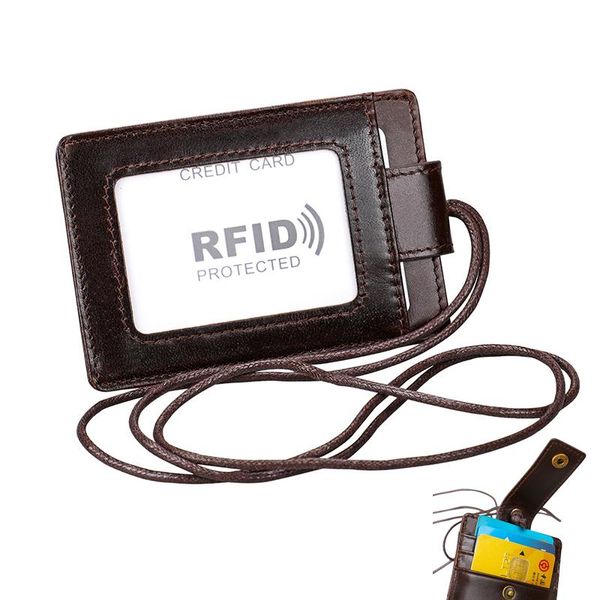 

card holders luufan 100% genuine leather chest hanging style id badge holder business certificate name tag fashion, Brown;gray