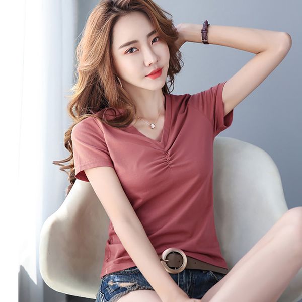 

women's t-shirt summer t women new arrivals ruffles v-neck woman clothes short sleeve cotton tshirt casual tee femme 6vzi, White