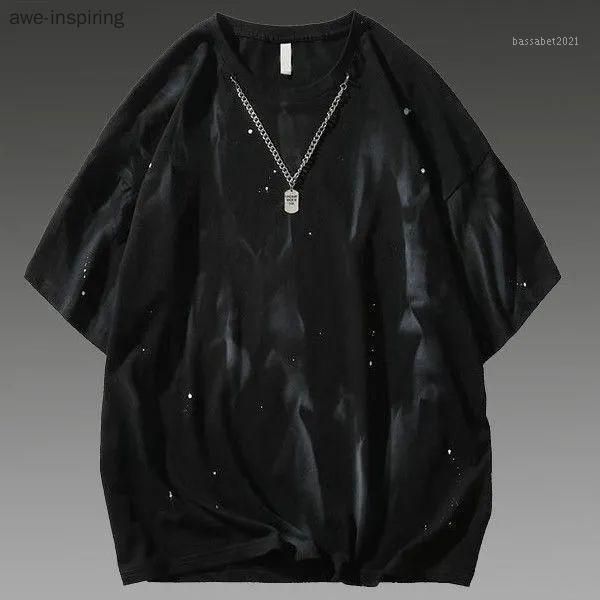 

men's t-shirts guochao ins dark tie-dye necklace short-sleeved t-shirt male loose trend hip-hop half-sleeved couple fashion, White;black