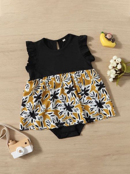

baby floral print ruffle sleeve combo bodysuit dress she, Red;yellow