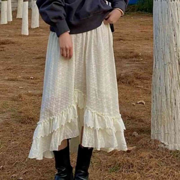 

japan style sweet lace hook flower white skirts chic asymmetrical ruffles design mujer faldas spring summer elegant jupe 210514, Black
