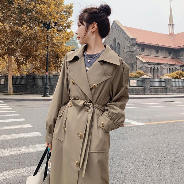 

women's trench coats vintage loose khaki coat for women 2021 elegant korean double breasted belted long black windbreaker female cloak, Tan;black