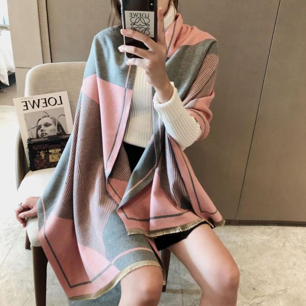 

scarves 2021 autumn winter korean fashion color matching stripe cashmere scarf for women air conditioning shawl thickened warm, Blue;gray