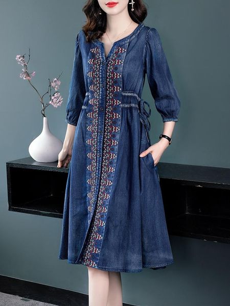 

casual dresses tiyihailey 2021 fashion women knee length three quarter sleeve embroidery dress s-xl autumn spring single breasted, Black;gray