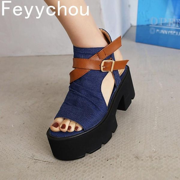 

sandals women's high heel denim casual peep toe ankle-wrap zip flat platform buckle 2021 fashion blue black