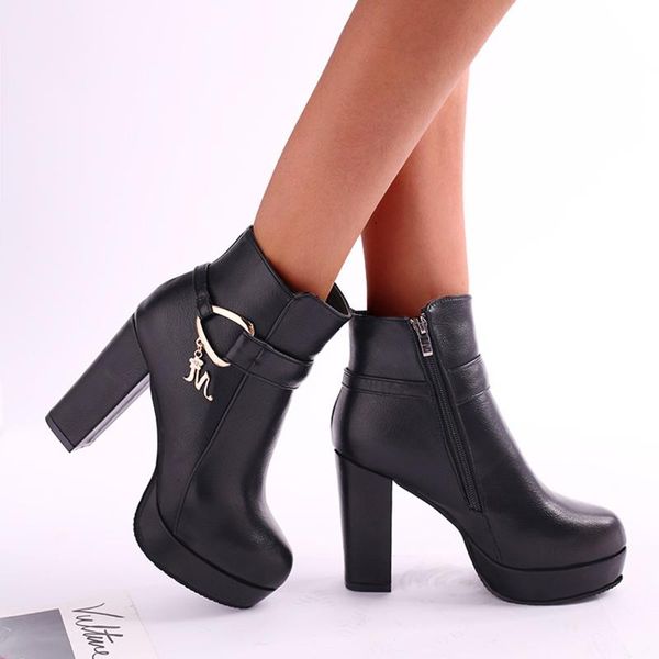 

boots fashion women shoes pu leather breathable chunky high heels retro zipper short ladies autumn winter plus size, Black