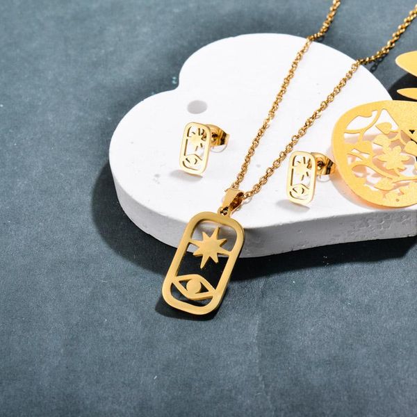 

earrings & necklace baoyan simple gold plated evil eye charm jewelry set hollow square earrrings for women stainles steel, Silver