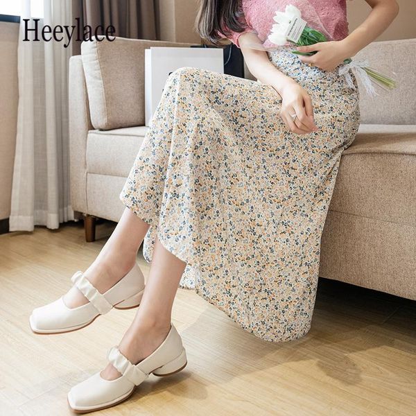 

women retro chic fashion soft chiffon summer 2021 vacation ladies clothing elegant floral print femme a line skirt skirts, Black
