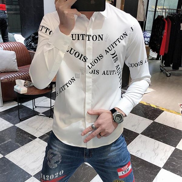 

men's casual shirts trendy slim shirt party dinner business formal dress 2021 spring letter printing long-sleeved, White;black