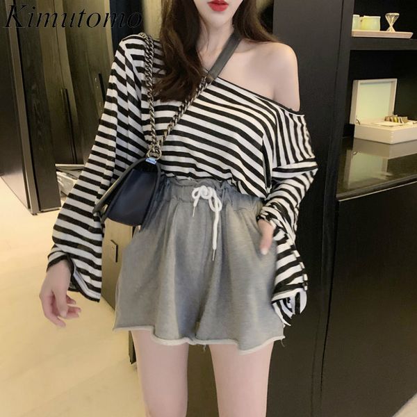 

kimutomo women striped t-shirts spring hong kong style female slash neck long sleeve chic pullovers outwear casual 210521, White