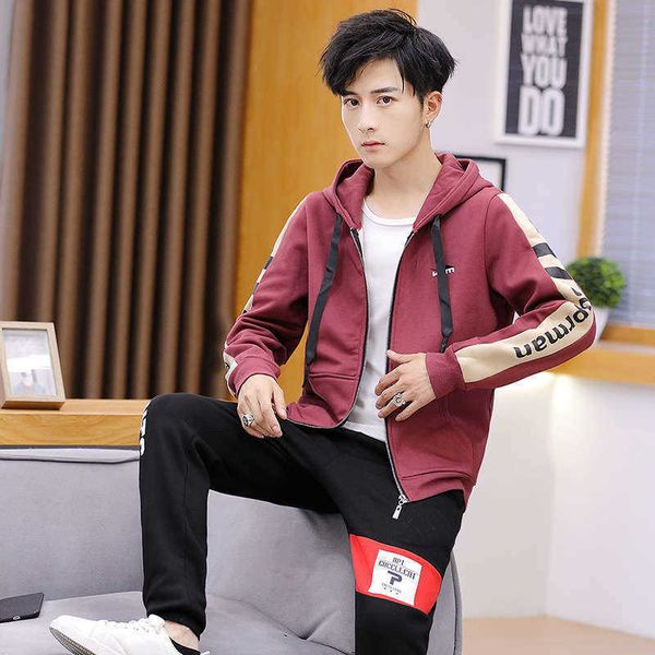 

tracksuits youth hooded men's sweater trend versatile coat cool casual sportswear cardigan set, Gray