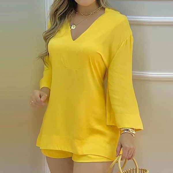 

women's tracksuits summer casual loose sets women plain bell sleeve v-neck long & shorts set solid streetewar suit, Gray